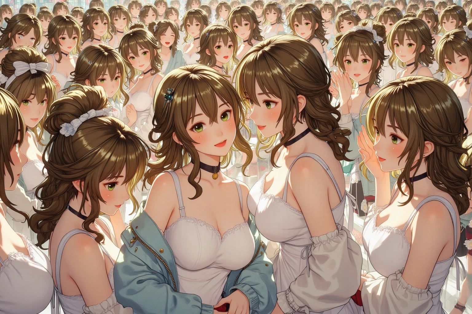 ((masterpiece, Highest quality, High resolution, 超High resolution, Pixel Perfect, Written boundary depth, 4K, RTTX 10.0, Human Development Report))), ((Midnight,indoor)),(whole body),((Viewers looking down:2.0)),(((Cinema Lighting))),((Perfect Anatomy:1.2,Realistic:1.3,RAW Photos:1.3,masterpiece、Highest quality、Ultra - High resolution、High resolution、Extremely detailed CG、8k)),beauty、whole bodyを見る、(masterpiece: 1.2, Highest quality, masterpiece, Clearer images), (Bright colors), ((Take clear photos even from a distance)), (Multiple Girls), (Harem), (((dress1.8))),(School classmates), ((( The dresses are all different designs))), (((Hairstyles are different for everyone))), (Cute Japanese Girl((6 Girls))), (((Baby Face))), ((Group shot)), (((Group selfie))),Wide-angle, (Slightly larger breasts), ((Brown eyes, Beautiful eyelashes, Realisticな目)), ((Detailed face,:1.2)), ((Smooth texture:0.75, Vibrant质感:0.65, Vibrant:1.1, Anime CG style)), Mid-chest, Perfect body, Beautiful curves、Beautiful feet、thin、smile, attractive way to sit, Aerith Gainsborough, Hair Ribbon, bracelet, Brown Hair, Side Lock, Parted bangs, Brown eyes, Braiding, Everyone seems to be having fun。