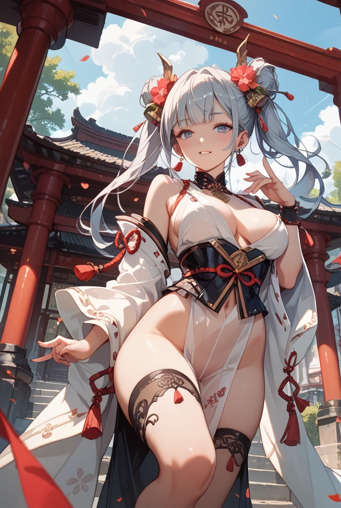 Masterpiece、Highest quality、Super detailed、1 girl、Gray Hair、(Big Tits)、Fluffy and soft long hair、Red-pink eyes、Chinese clothing、Chinese Fantasy Palace、Cleavage、(The underboob is visible)、Belly button、Ruffles and ribbons、smile、Too big breasts