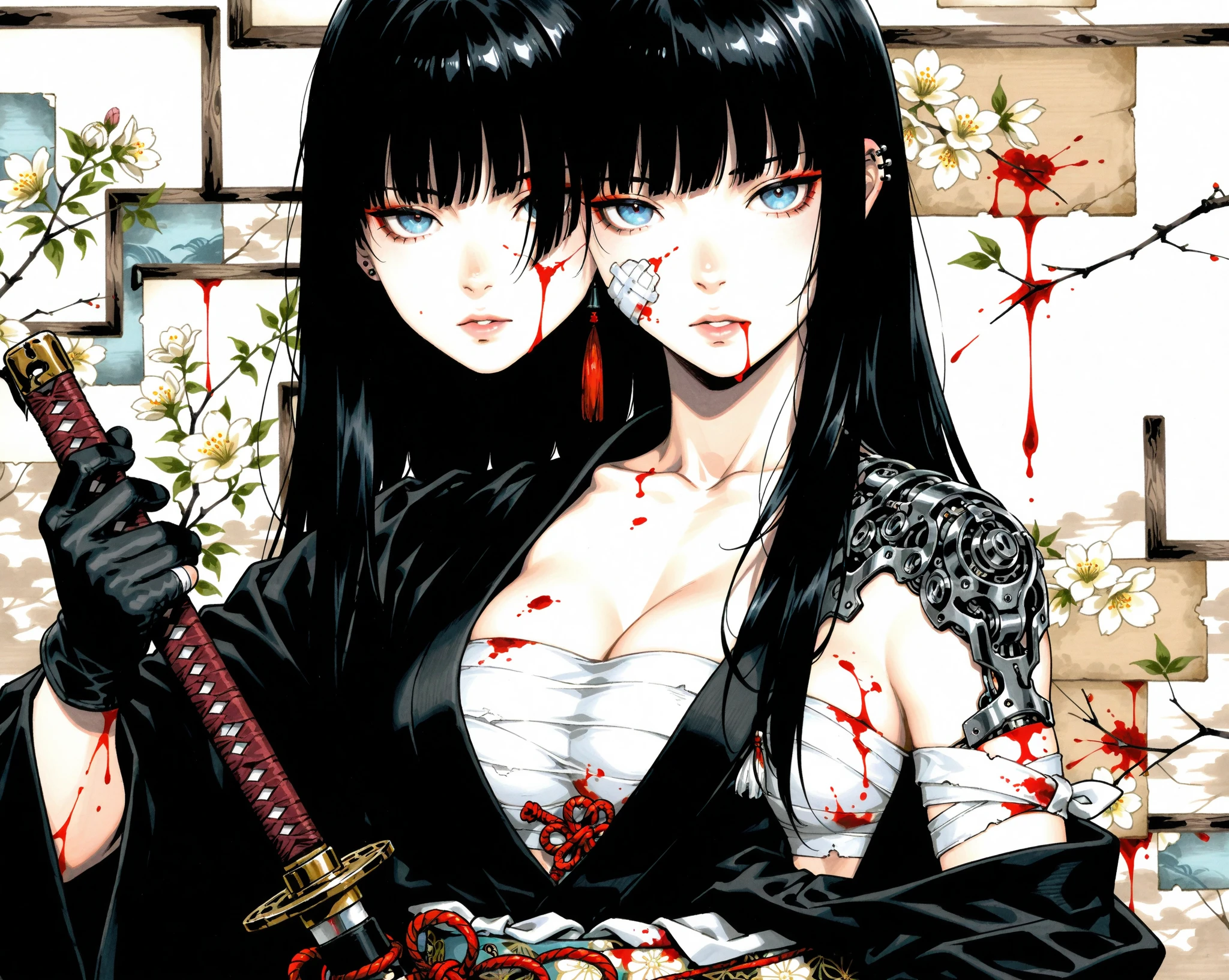 A painting of a woman with long hair and long hair，Beauty in demon killer art，Perfect anime body，s the perfect face，Perfect facial features，angry look，long leges，huge tit，Whole body movement，4k manga wallpapers，Full body combat stance，Realistic light and shadows，beautiful line art，Powerful comic art，anime artsyle，painting art，kentaro miura manga art style，His caricature full-body portrait，Hojo-ji manga style，shigenori soejima illustration，Beautiful fanart，detail-rich，Masayoshi Suto and artgerm，detailed manga style