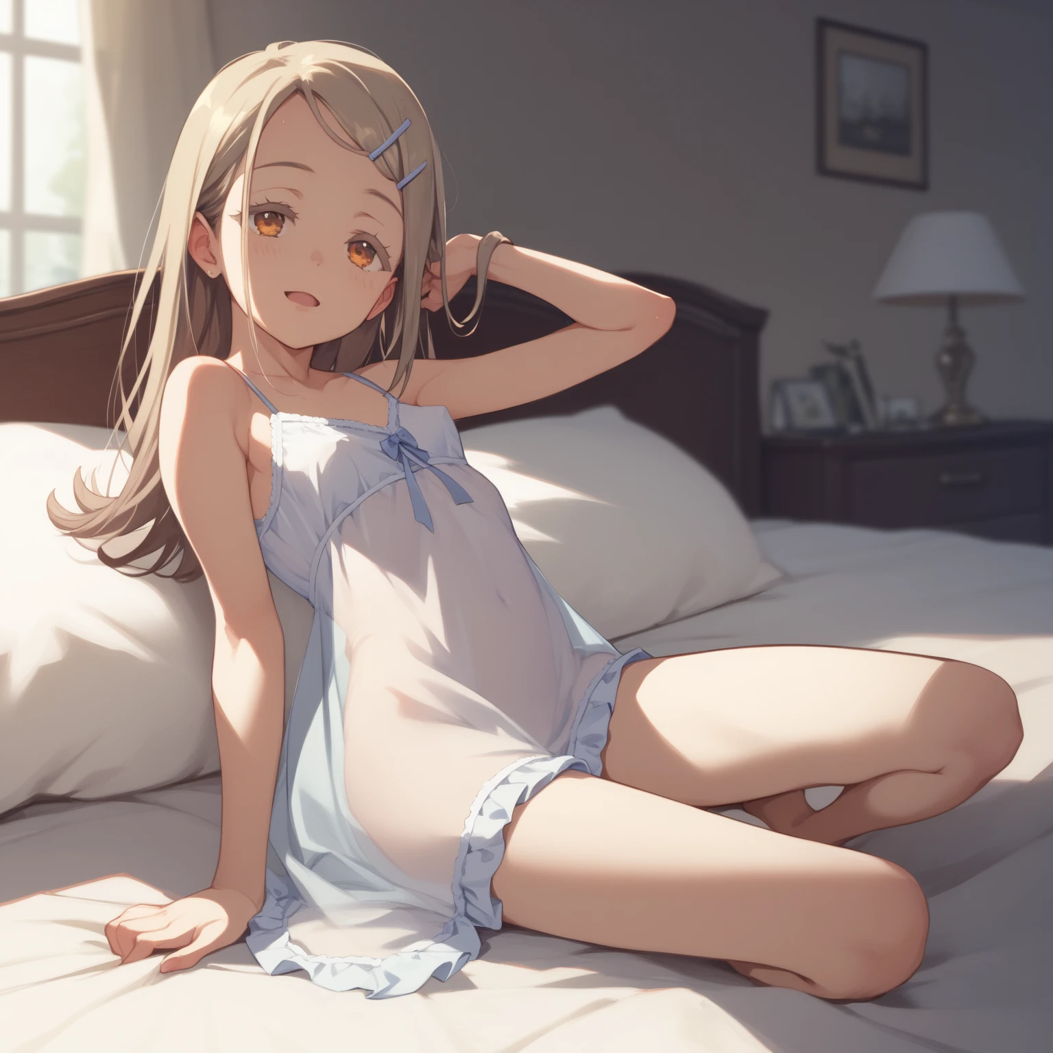 masterpiece, 8-year-old girl, best quality, Volumetric Lighting, Best Shadows,Portrait Of Stunningly Beautiful Girl, full body, 1girls,loli,Petit,flat_chest, Her panties are showing, (Underwear worn by children), (Children's underwear), (cotton panties), (white panties), topless, She bares her breasts, She wears nothing but pantie, She only wears panties, tear-stained face, long blonde hair, wavy hair, navy_blue_socks,