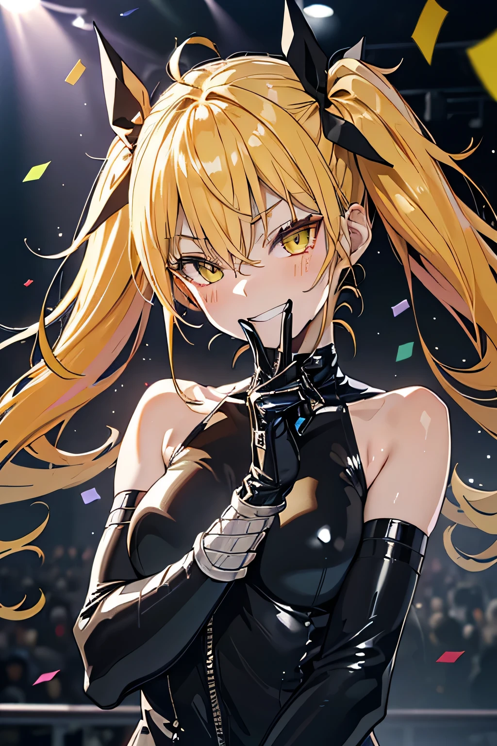 Pov, (point at viewer), (upper body:1.2),
((best quality), ((masterpiece)),(details),high resolution, incredibly absurdres, sharp focus,(highly detailed CG unity 8k wallpaper),(vibrant colors),(complete anatomy),
(((very shiny skin, glitter skin, exaggerated shiny skin, illuminated skin))), betterhand, (five fingers), forehead,
1girl, Kikoru_Shinomiya, twintails, hair between eyes, bangs, blonde hair, hair ribbon, black ribbon, (Oblong face), Slender, Athletic, sanpaku,
jitome,　evil grin, evil smile, half closed eyes, blush, drunken eyes, 
 (Neon Glowing Idol Outfits), 
 Spotlight, colorful lighting, on stage, stage lights, spotlight, sparkle, depth of field, sharp focus, Confetti shower, confetti,(audience),