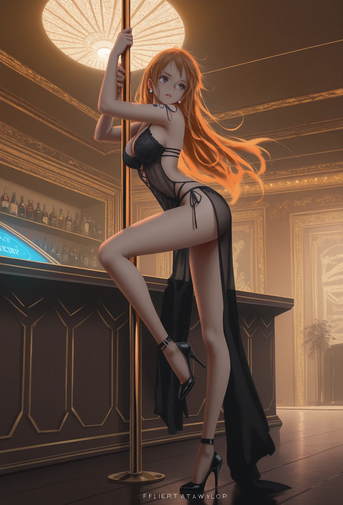 masterpiece, best quality, ultra-detailed, 1girl (namiop, sexual slavery of old man,Big and pretty breasts,naked body, jewelry, earrings, dog collar(chains), orange hair,long hair, brown eyes, ), a shallow face, wicked smile, , parted lips, facing viewer, looking at viewer, solo, nude, see-through nightgown, cleavage, sideless, wanostyle, night time, in the bedroom, slave , standing, Sexy waist teasing, come-on, lure , seductive pose , from_below