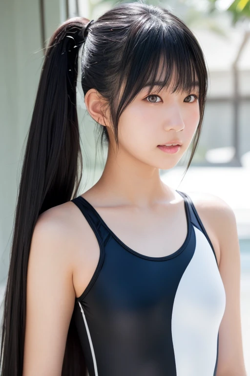 Young, elementary school student, black hair, short pigtails, flat chest, swimsuit, nipples, smiling, small ass