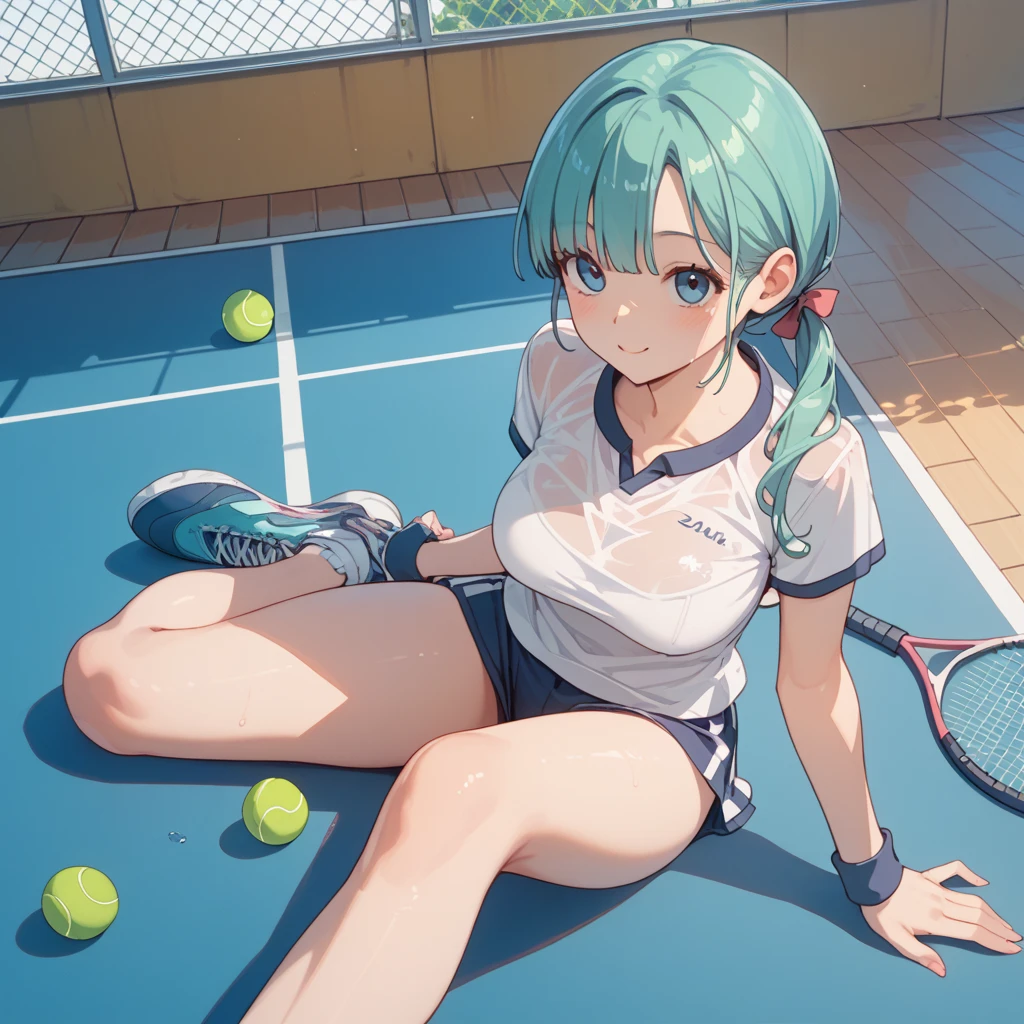 a matter of fact, daytime, sunlight, 1 woman, 8K resolution, ponytail, blue hair, blue eyes, glowing eyes, white short skirt, Blush, tennis court, sunlight, Strapless shirt, Wet from the rain, seethrough, Sit with your knees raised, Spread your legs, M leg, pussy, laugh, the skirt is blowed up, highest quality, High resolution, highly detailed face, perfect lighting, Very detailed CG, (perfect hands, perfect anatomy), minami nanami, perfect figure, armpit