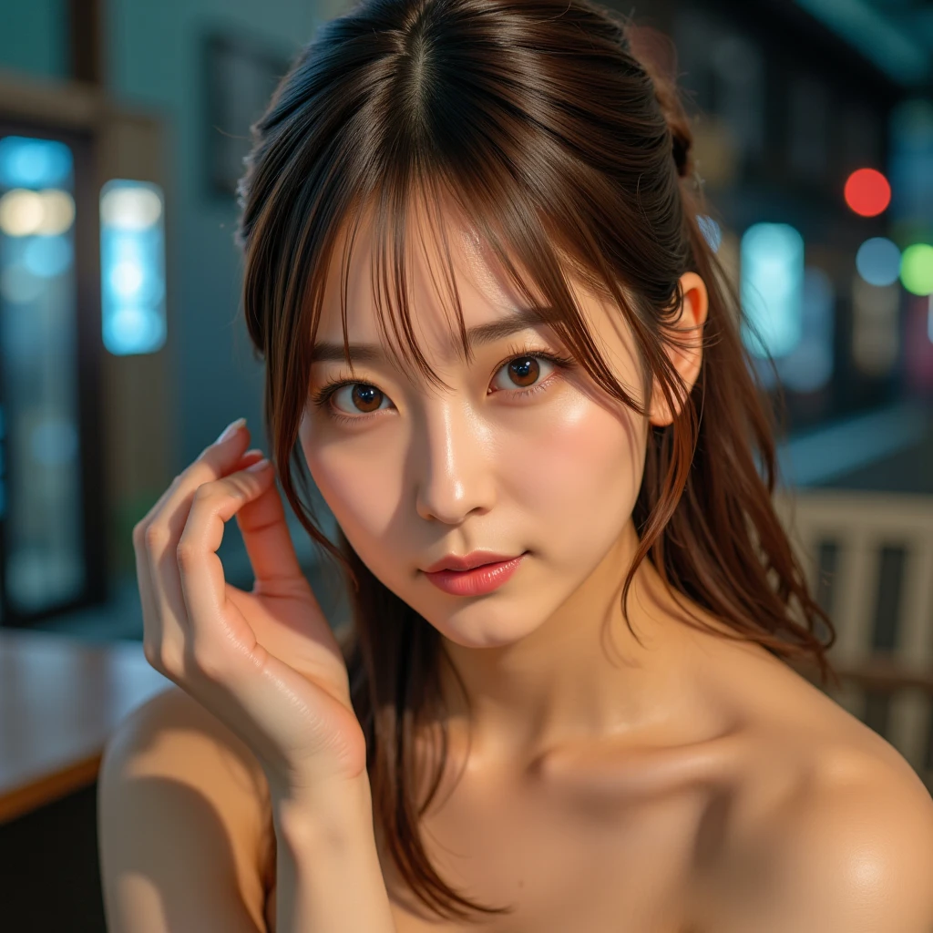 (masterpiece:1.3), high resolution, ultra detailed, extremely detailed CG unity 8k wallpaper, realistic, photo-realistic, RAW photo, beautiful detailed face, pale skin, realistic glistening skin, detailed cloth texture, detailed hair texture, Perfect body, Beautiful Face, accurate, Anatomically correct, Highly detailed face and skin texture, natural neck length, (beautiful hands), (fair skin:1.1), (well-aligned teeth:1.1), (Sweaty skin:1.2),
BREAK,
Detailed eyes, symmetric eyes, Light Brown eyes, Double eyelids, Thin eyebrows, (Glossy lips:1.4), ((A face with waiting for a kiss:1.2)), (blush:1.1), (A sparkling small hair accessory:1.1), (beautiful smile:1.1)
BREAK,
(A classy and Cute woman1.3), (nude, nsfw, nipple:1.4),
BREAK,
medium large breasts, slender figure, firm abs,
((ponytail, Dark blonde hair, bangs:1.2)), (cowboy shot:1.2), (looking at viewer), cowboy shot, From above,
BREAK,
((Sitting side by side on the backseat of a office)), (((A view of Tokyo outside the window at Night:1.3))),