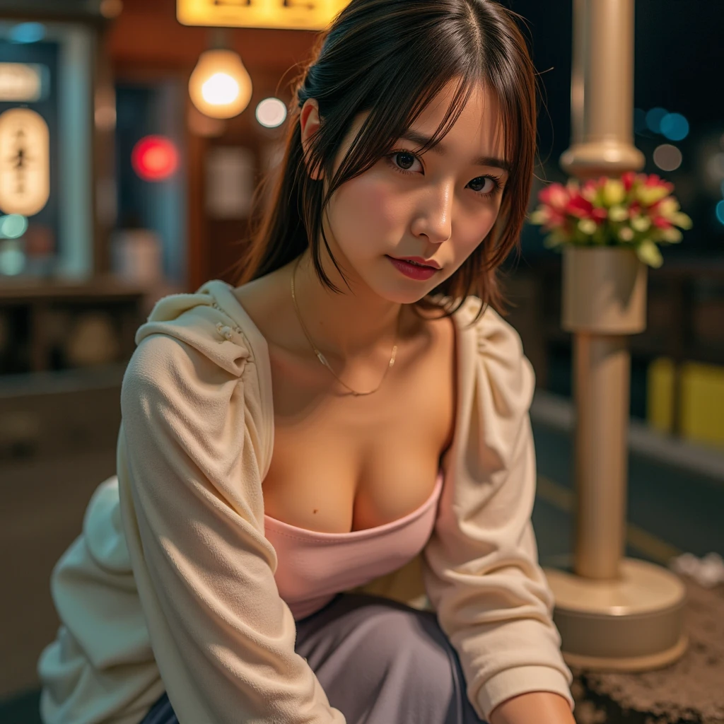 8k, best quality, realistic photos, realistic details, clear face, delicate facial features, real skin shine, a cute girl, shy, facing the camera, girl sitting in a bar in a gray fishnet sweater and tight panties, clear bar background, sea view, arms on bar counter, hips, slim body, big breasts, 24 years old, charming, seductive eyes