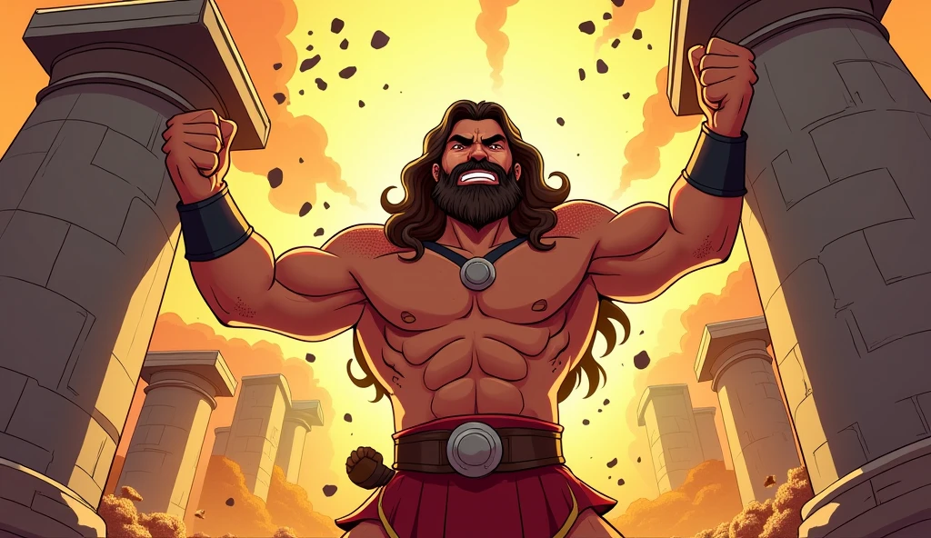 Muscular Samson with wrist chains on temple pillars with eye band p & b cartoon