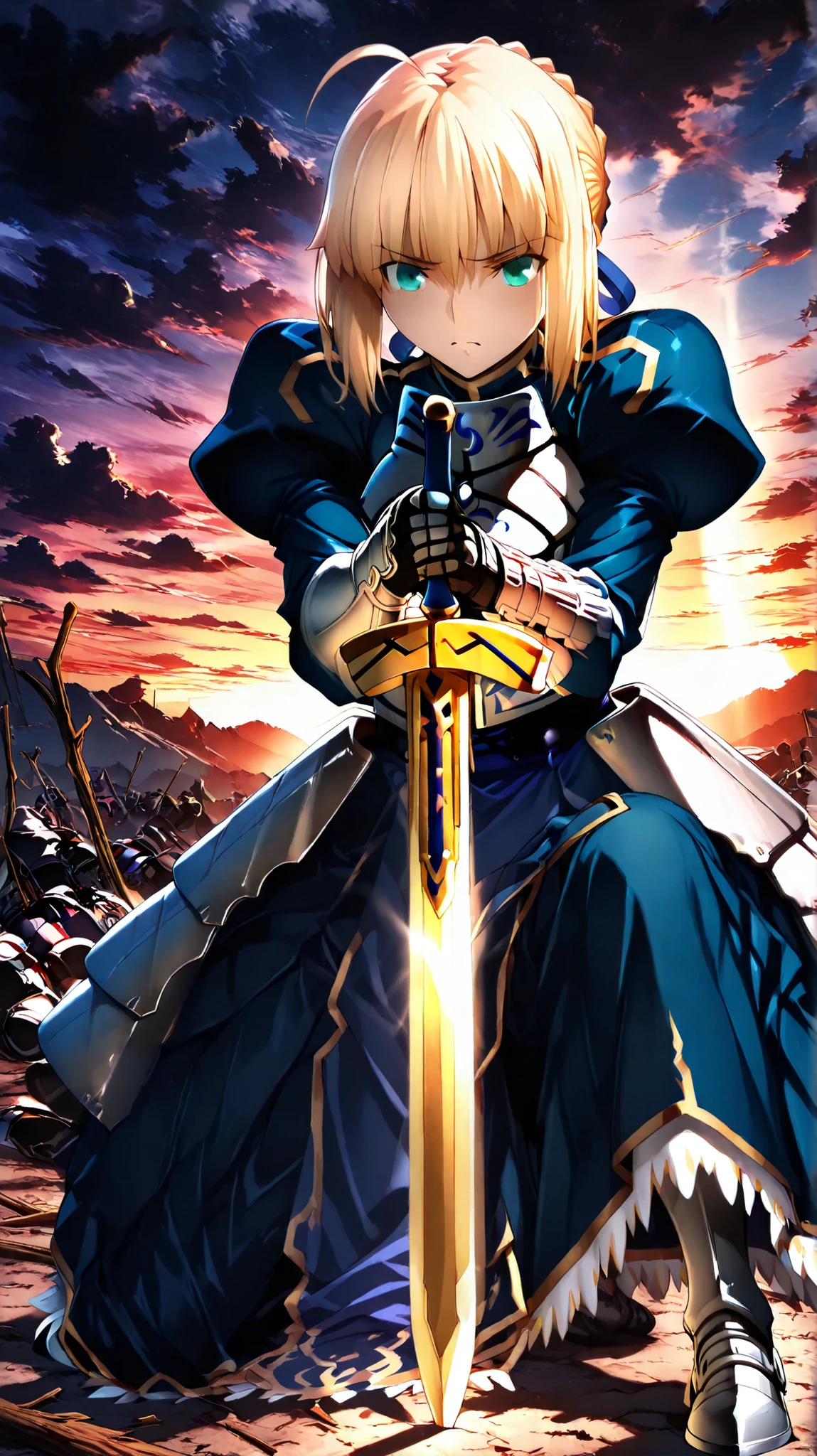 (solo, knowing, destiny: Gold, green eyes), (Low-cut bun hair, Armor Plate, Iron shoulder, Iron Boots),(((Excalibur Sword))), Deep Eyes, in their 40s: (Kamran Hill), The sunset shines through clouds all over the sky, (dark art, battlefield),(((Stick a holy sword into the ground and get down on one knee))),(((Sad look))),masterpiece, Absard Dress, anatomically accurate, learning management system, dynamic poses, ((( wounded body))),sweated,( destiny armor,) Artoria Pendragon (fate), saber (fate), blonde hair, green eyes, ahoge, hair ribbon, blue ribbon, french braid, braided bun, single hair bun, short hair, sidelocks
turtleneck, blue dress, breastplate, armored dress, long sleeves, juliet sleeves, gauntlets, faulds, long dress