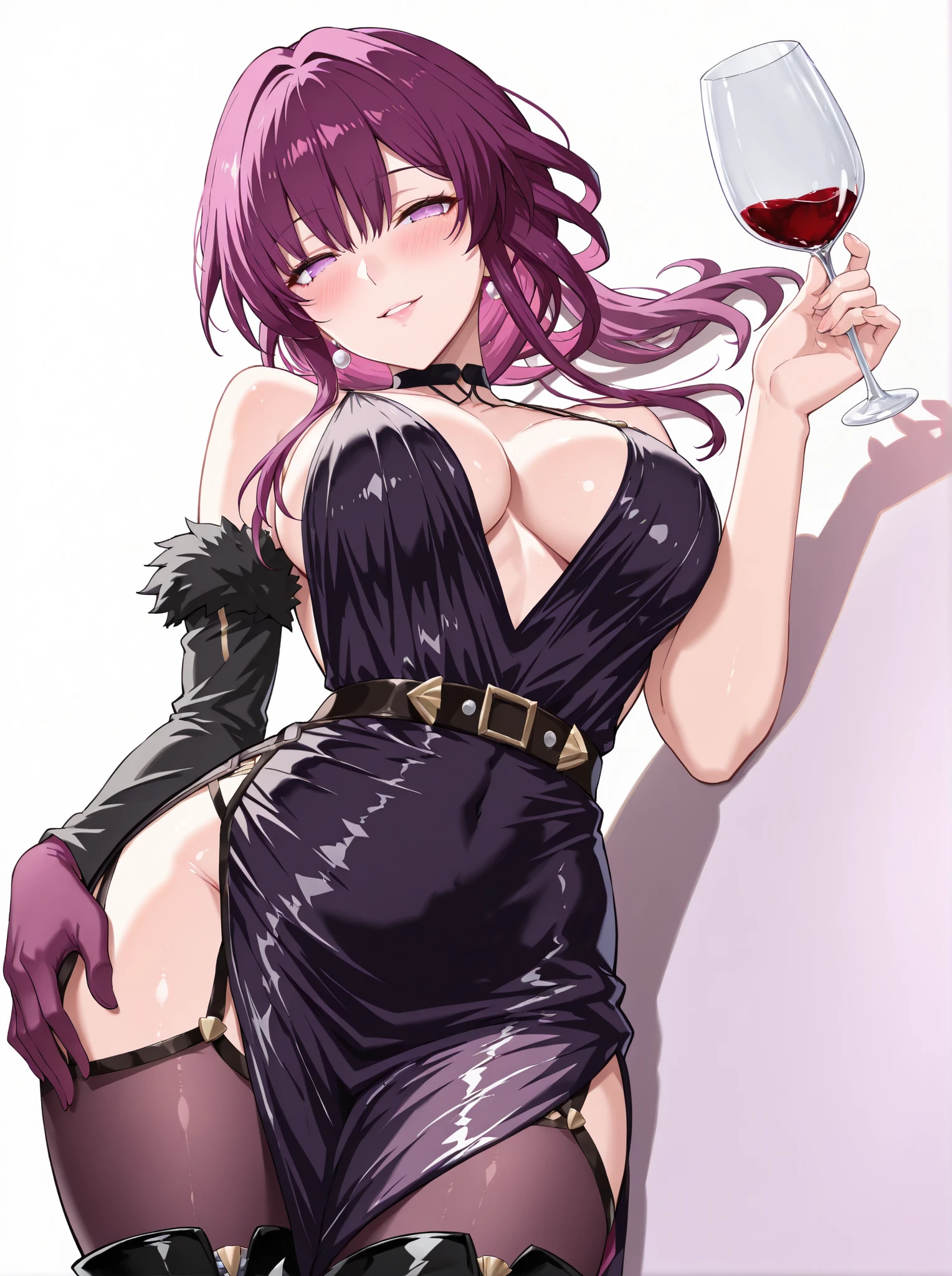 A beautiful and sexy woman with long wavy violet hair, side-swept bangs, sharp blue eyes, light skin, smile, wearing a black bodycon dress, fishnet stockings and pearl necklace, inside of a nightclub with neon lights, holding a glass of wine