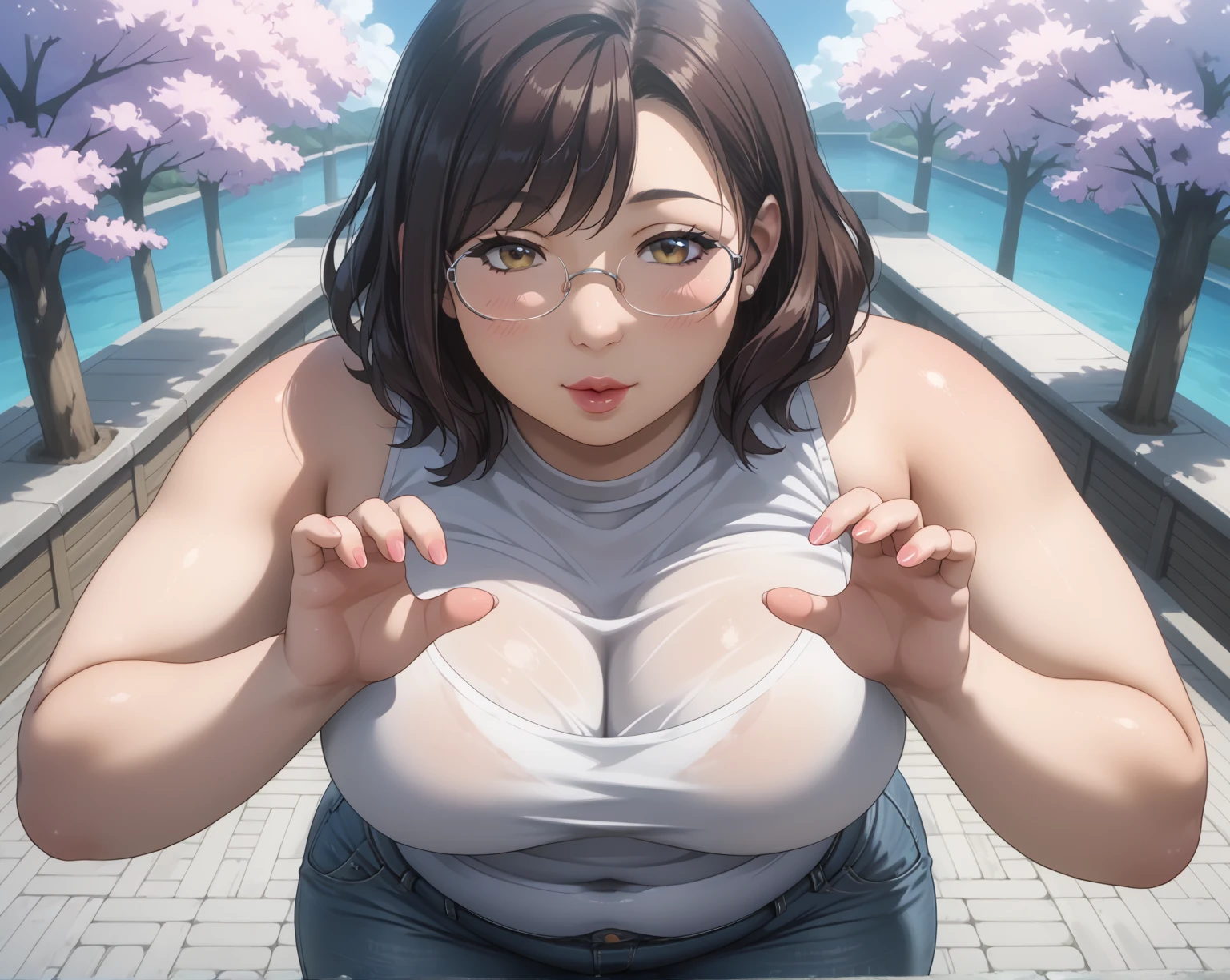 master-piece, bestquality, 1girls,16 years old, View viewers from front, HD, slight smile, big tits, cleavage, tights cloth, , tiny body, lean formard, outdoor, mountain, wear glasses, under tits cleavage, look down, sweater, hands on kneels,