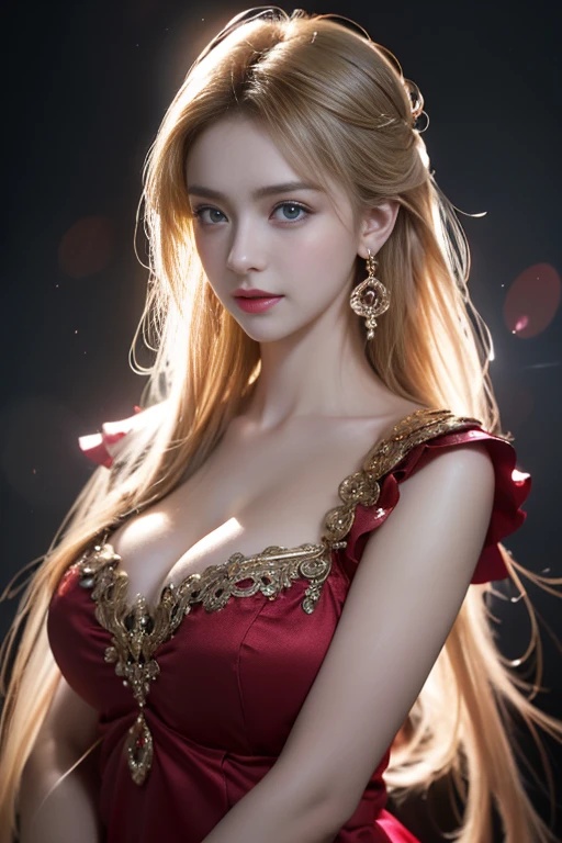 masterpiece,Highest image quality,Super details,best quality ,extremely delicate and beautiful, Very detailed,best quality, official art, Extremely detailed CG unified 8k wallpaper, Ana de Armas portrait photo, Blonde hair with black pupils,shiny skin, (beautiful eyes:1.1), beautiful skin, big watery eyes,(detailed lighting:1.2), (Beautiful and detailed light:1.3),The noble goddess wearing flaming red and black holy clothes,Intricate Flame Shroud Details,Gorgeous and complex hollow ultra-thin flame dress,Beautiful udder, The most perfect breast shape,firm breast,Deep cleavage,Naked of breast,complex, digital drawing, Smooth, sharp focus, end of the world, epic reality, (high dynamic range:1.4), (pastel colors:1.4), Revelation,Bright colors, screen space refraction, (intricate details, Super detailed:1.3), art station, lens, complex background, buliding,Beautiful smile,The most beautiful look,Dreamcatcher earrings,The best look,The noble, beautiful and dignified goddess of fire,Flower laurel,