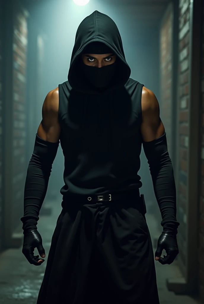 A capoeira fighter with a black head and a black mask on his face. Shirtless black man. A fighter.