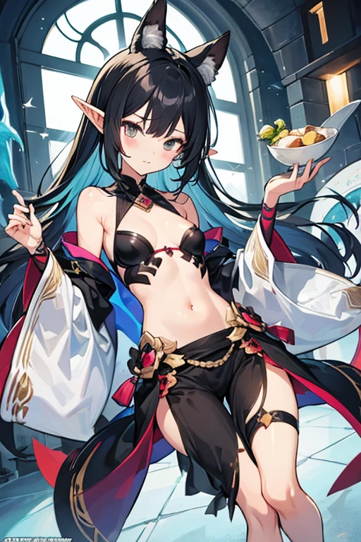 1girl, bare shoulders, black dress, black hair, breasts, breasts apart, center opening, cleavage, closed mouth, dress, earrings, elf, hand on hip, jewelry, large breasts, lips, lipstick, long hair, looking at viewer, makeup, medium breasts, navel, necklace, plunging neckline, pointy ears, red lips, solo, upper body, veil