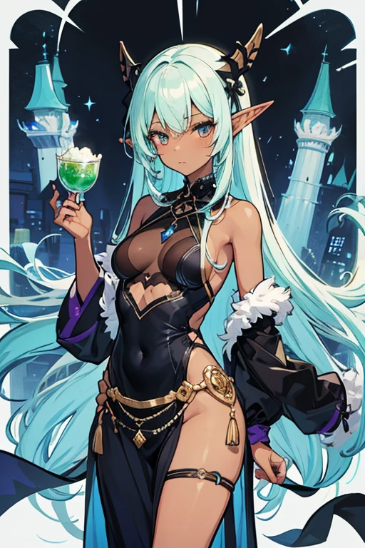 4K、Beautiful elf lady、I was forced to drink a succubus aphrodisiac and went crazy.、Elf in heat、Gorgeous elven costume、Short Hair、Stylish body、Light blue hair、Looking at me with a horny expression、Lust、Heart Eyes