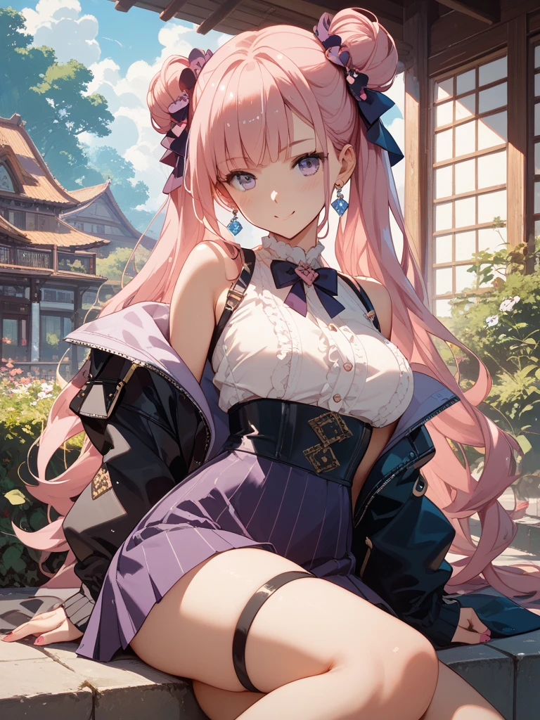 masterpiece, best quality, ultra-detailed, (beautiful detailed face: 1.3), detailed background, high quality, extremely detailed, masterpiece, best quality, ultra detailed, (beautiful detailed face: 1.3), detailed background, high quality, extremely detailed, 1girl, full body, pink_hair, red_eyes, boots, chain, coat, kimono, flaming_eye, flat_chest, brilliant, jacket, mailbox, long_hair, solo, twintails