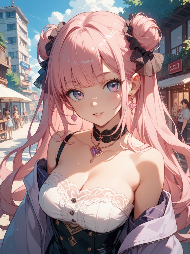 Anime Kawaii sexy Perfect Slim sensual body large breast and huge thighs, An intricate and highly detailed illustration of anime (Young girl). 1 girl, long pink bun hair, Symbol-shaped eyes, +_+, breasts big, Idol Costume, {girl with long pink bun hair named Nami}, (pink eye color), {city center}, (ssmile), Glittering Background , mole under the eye, heart shaped choker, (work of art, highest quallity), very detailled, highest quallity, offcial art, beautiful and aesthetic: 1.2), (1 girl), very detailled, (geometric art: 1.3), colorfully, More Detailed ?d1 girl, long pink bun hair, Symbol eye, +__+, breasts big, gothic costume, {A girl with long pink hair named Nami}, (pink eye color), {city center}, (ssmile), Glittering Background, mole under the eye, heart shaped choker, (work of art, highest quallity), offcial art, beautiful and aesthetic: 1.2), (1 girl), very detailled, (geometric art: 1.3), colorfully