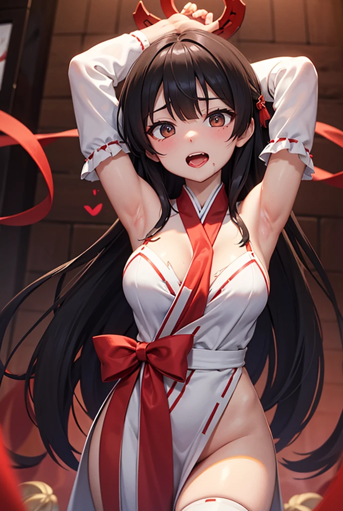 nsfw, masterpiece, best quality,1girl, solo,red bow, bow, long hair, hair bow, solo, hairband, black hair, sash, bangs, red hairband, breasts, brown eyes, masterpiece, light smile, (illustration: 1.5), naked