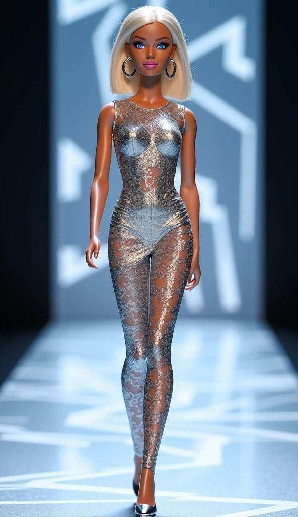 A beautiful woman in an outfit made of thin, fine chains walks down a runway