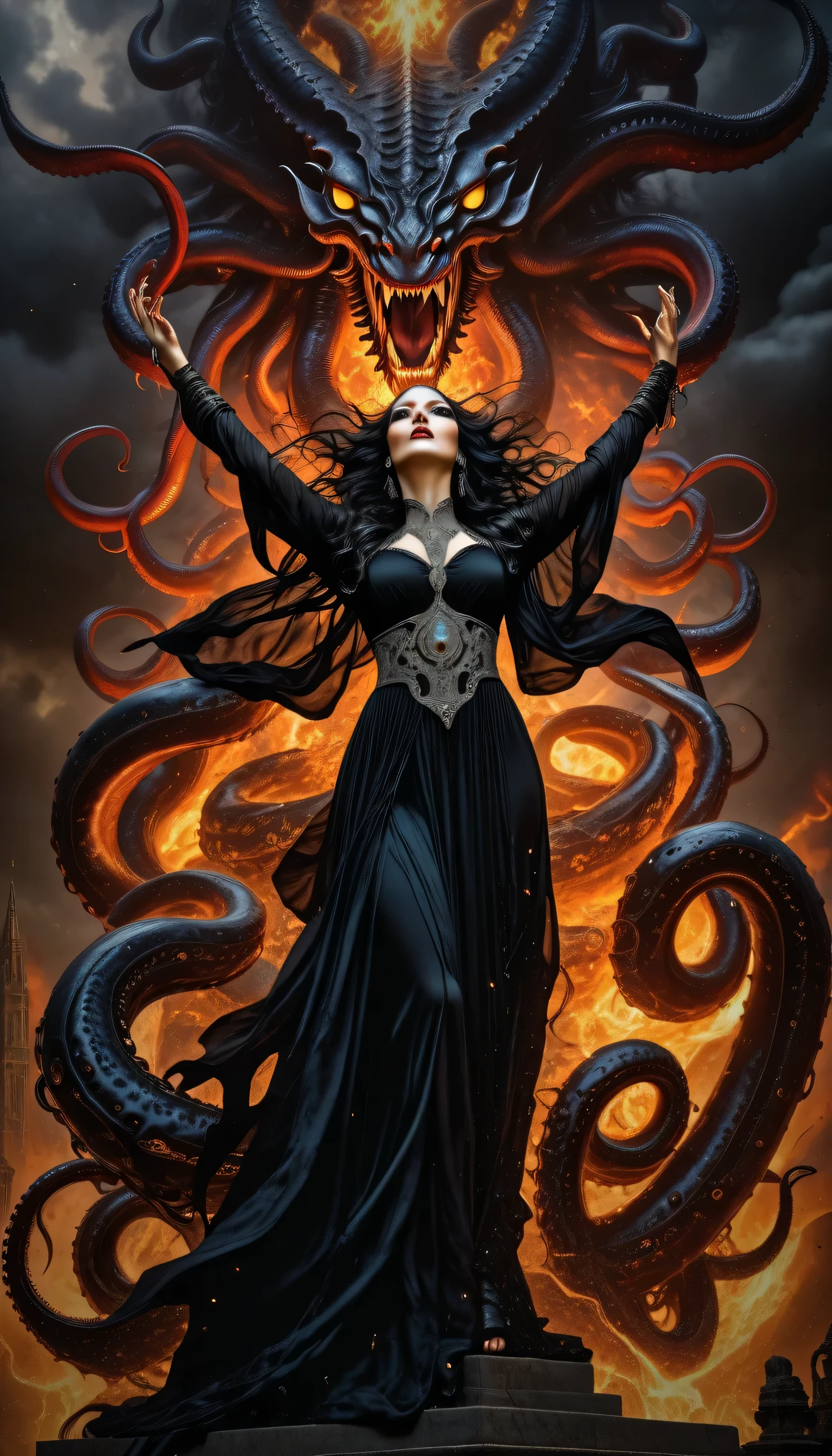 Insanely detailed masterpiece Photorealistic gothic wide shot of a devastatingly ravishing woman in a see thru black dress covered in protective runes and talismans confronting a massive demonlord morphing out of the sky from a black roiling cloud, dark seductive goddess with six arms, diablo 4 lilith, woman made of black flames, lilith, dark queen of snakes, evil godess, goddess of the underworld, goddess of anger, eldritch goddess, queen of the underworld, octopus goddess, hecate, queen of hell