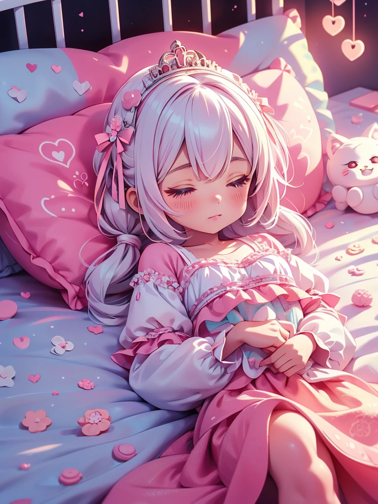 Chibi、 Cute Bedding for Girls、 happy、, warms the heart、Relax、 Macaron Pillow 、princess bed 、 White and Pink Room Cute 、Cute Girl Sleep-Play, Soft White Hair and Cherry Color Gradient 、Cute Pet, Soft, Soft