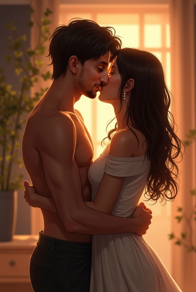 Boy and woman, beautiful woman, kissing each other with passion, in a bedroom, bright room, candles lit, night time,