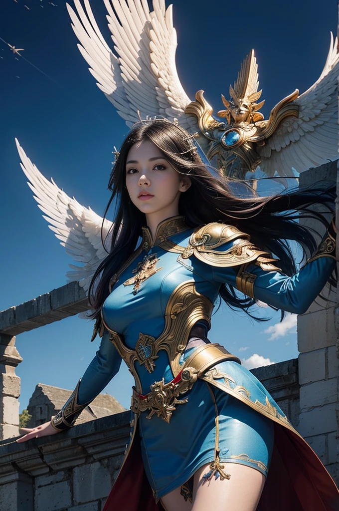 NSFW, sexy, erotic, adult, Striking and realistic animated digital illustration. It depicts a noble young female princess knight leading an army on a medieval European battlefield. She is also a war priestess blessed by the goddess of war. Her armor is gorgeous and colorful, with elaborate embroidery and decorations that accentuate her divine figure. She is proficient in swordsmanship, and is depicted in a moment of performing this skill. To emphasize the moment of this technique, she is depicted from different dynamic angles, highlighting the movement and intensity of her swordsmanship. Her expression is stern and dignified, emphasizing her presence. A fierce black wind swirls around her, and many eagles fly at high speed to enhance the effect of her technique. Her long black hair flows with her movements, and the background is filled with a battlefield that creates a dramatic atmosphere as she leads her army. An aura of divine light envelops her, her white wings dance and she is depicted as a neon-like luminous presence. Sacred blessing effects have been added to emphasize that she is blessed by the goddess of war. --NSFW, --sexy