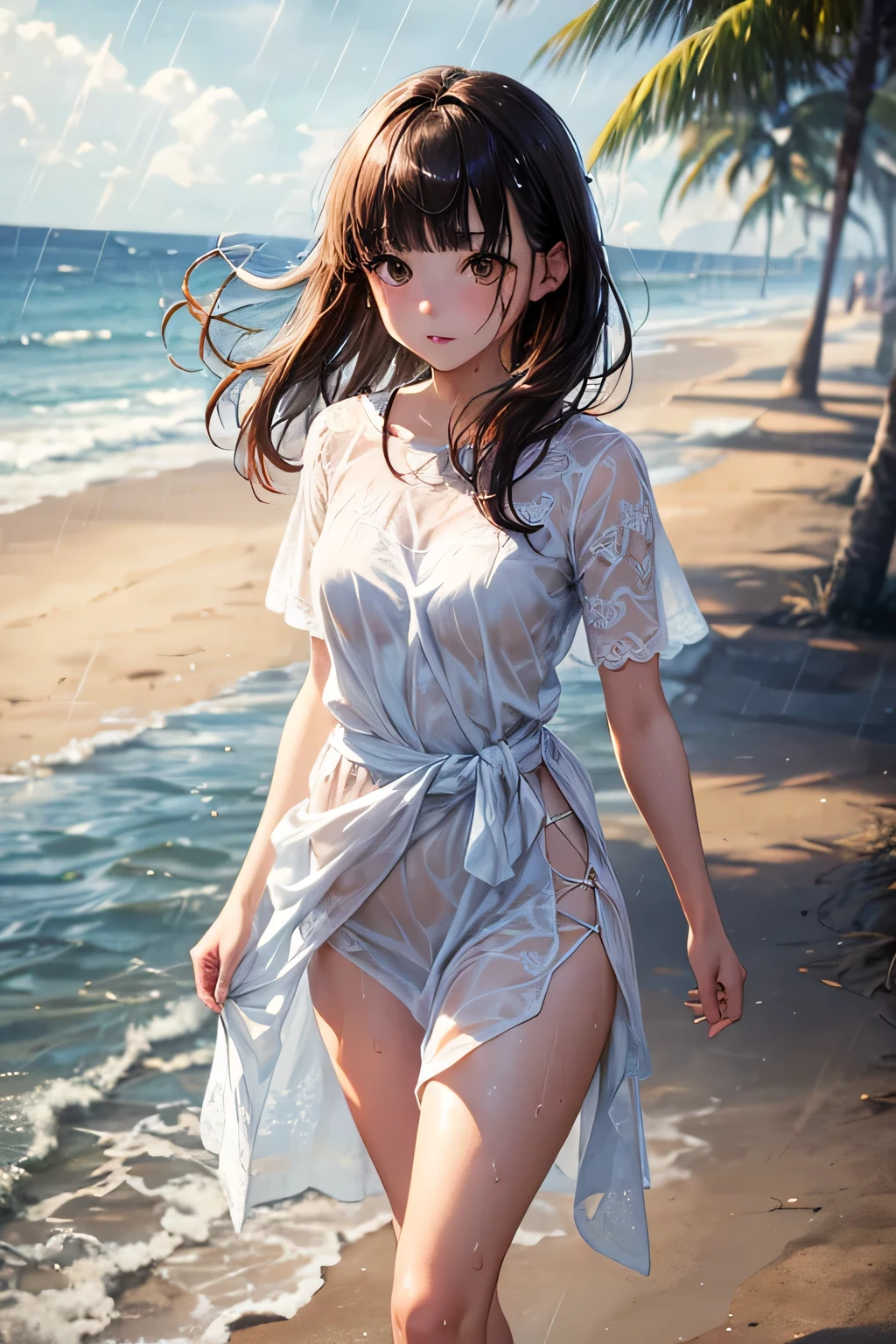 A mature woman in a white wet dress gets impatient and wet, water sprays from below the ground in a mist-like manner, brown hair in a ponytail, sunset, masterpiece, a rainbow appears.