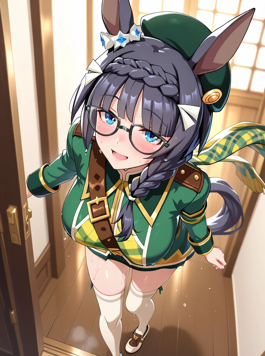 1girl,ZennoRobRoy\(umamusume\),horse tail,horse ears, intricate deepgreen wizard's long cort, muffler, green beret, intricate gold ornament belt, darkgreen dress, long skirt, beige socks, shoes,(squatting).front view,straight-on,i can see red latex panties,((cameltoe)),sincos,ai-generated,,beautiful eyes,masterpiece,best quality,highres,4k,8k,Sincos,Cute,Anime,Artist