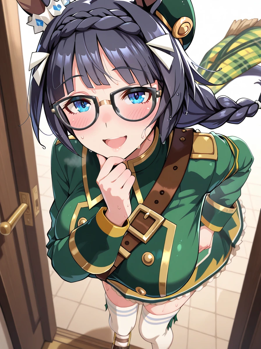 Beautiful illustrations、(masterpiece、Highest quality、8k ), (Beautiful details), Highly detailed face, Perfect lighting, Highly detailed CG, (Perfect hands, Perfect Anatomy), 1 cute girl,Girl, Cute Face, Black Hair,Horse tail, Animal ears, Side braid,Glasses、Big Breasts、thin, Thighs、beret, Green jacket, Long sleeve, Green Skirt, scarf,Idol Pose、