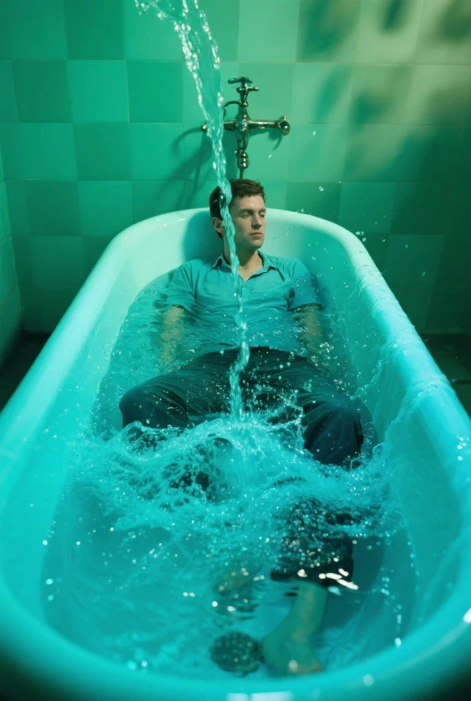 man in a bathtub with shallow water, left leg raised with foot out of the water, knee raised, wearing open blue dress shirt with white tank top underneath, wet, and white jockstrap, white underwear, thin and wet, UNDERWEAR ((WET)), leg and thigh large and hairy, sexy, leg open, wide, ball appearing sideways, rolls marked, wet, marking