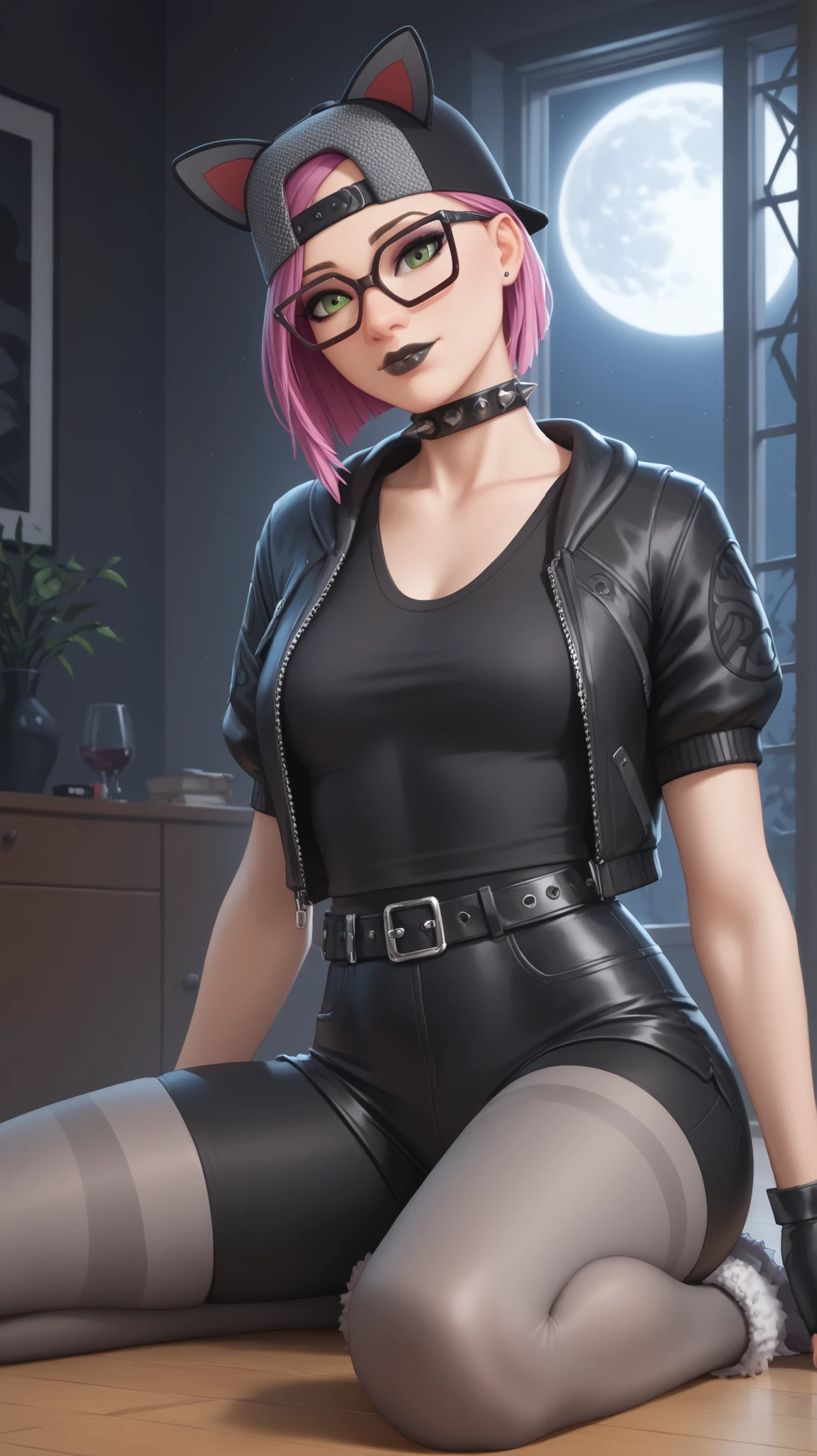 egirl, high quality fingers, normal hands, detailed fingers,masterpiece, (realistic, photo-realistic:1.37), medium breast, small waist, beautiful face, perfect illumination, beautiful detailed eyes,looking at viewer, stunningly beautiful woman, detailed hairstyle, egirl standing infront of a wall, cotton mini skirt, (fishnet top), Thigh high socks, goth,