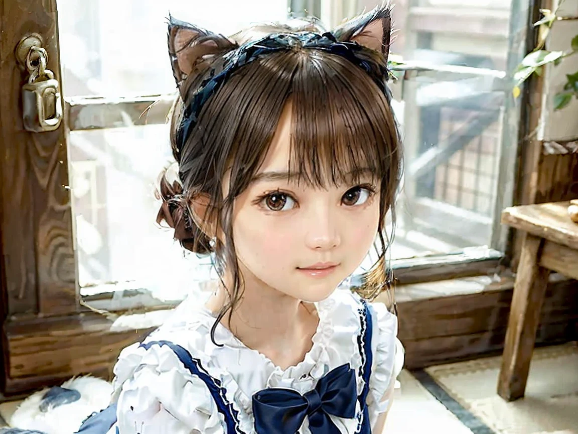 1 baby girl, cute face, pink and purple outfit, black hair, cat ear, 70mm