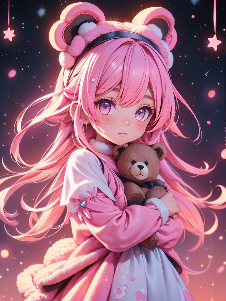 . Pink-haired girl wearing a bear headband, dressed cute and hugging five bears. background is light pink and white . Eyes are pink . Look at the stars
