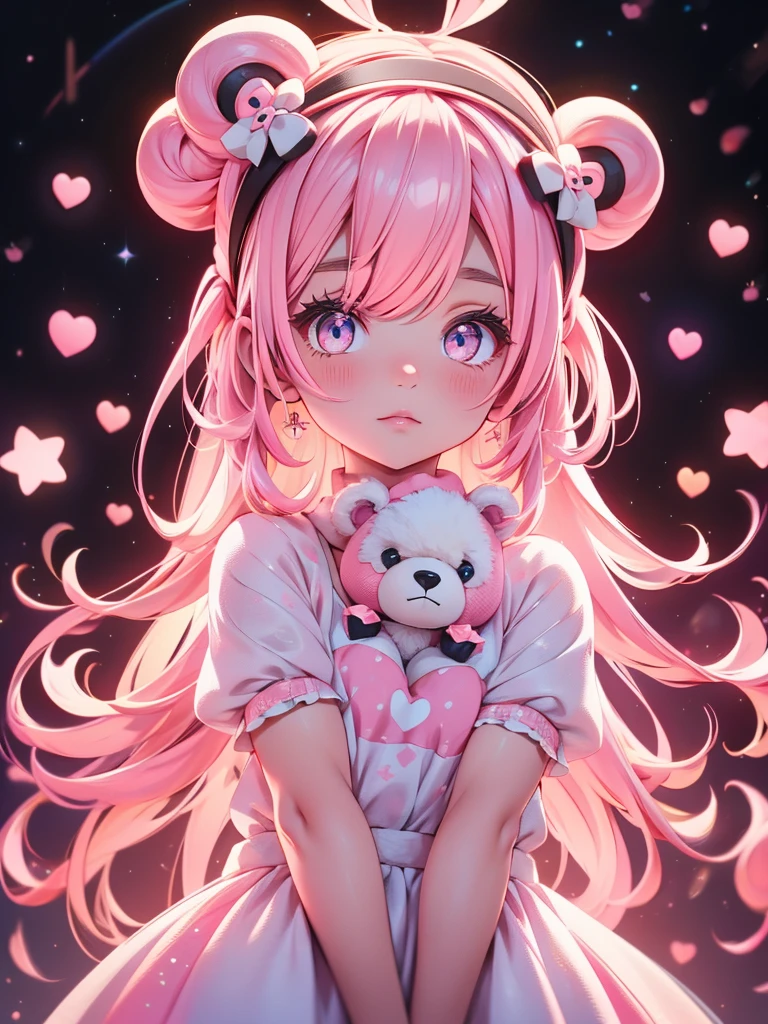 . Pink-haired girl wearing a bear headband, dressed cute and hugging five bears. background is light pink and white . Eyes are pink . Look at the stars