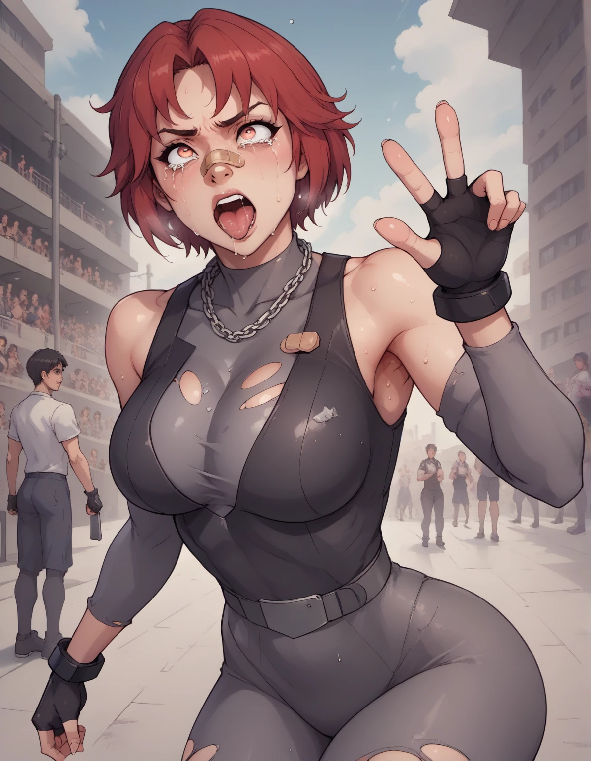 Fate Testarossa, A bodysuit worn under clothing, Fingerless gloves, leotard, Removable sleeves、Photographed with a smartphone、、、Escape to, score_9, score_8_superior, score_7_superior, score_6_superior, score_5_superior, score_4_superior、Inspired by Japanese manga style, Manga style, How to draw manga, Digital drawing, An 8K masterpiece depicting a Japanese manga about girls in their twenties, Act as a slave,, . , shortness of breath, , close your eyes, , Sweaty. . My open fingers are rough. whole body. . Six Pack Abs. . information. Surrounded by a crowd.full body、drunk、