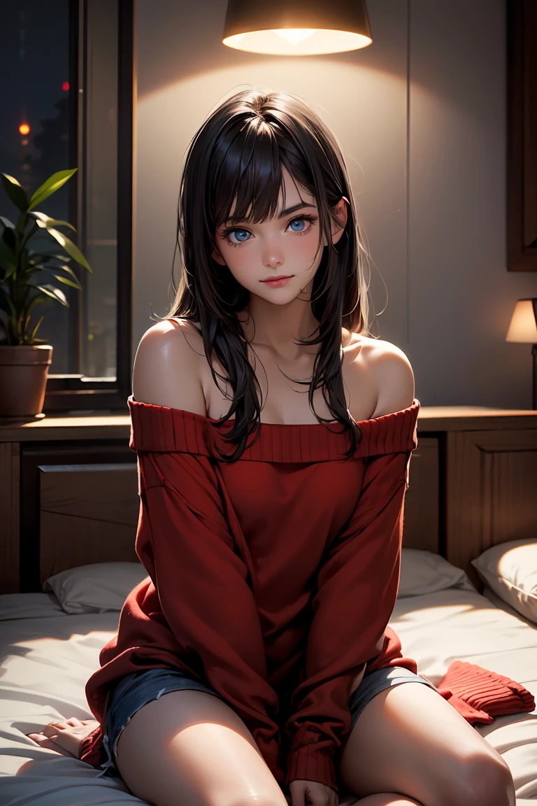 Masterpiece, best quality, high resolution, ultra detailed, slight smile, a woman long dark hair with bangs, light blue eyes, a beautiful girl looking at the camera, Frontal view, ((off-the-shoulder light red sweater,)) bare legs, night, warm interior room, image illuminated by a small lamp, depth of field, (half body: 0.6),