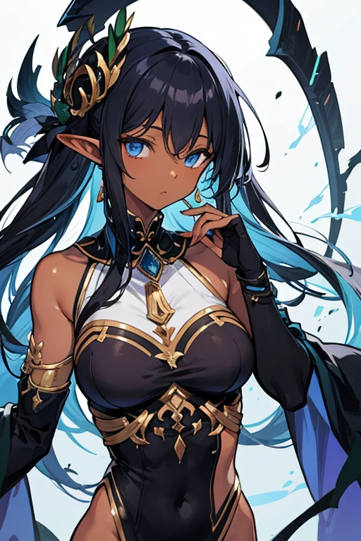 ((best quality)), ((masterpiece)), (detailed), 1girl, midriff, long black hair, blue highlights, ((face veil)), rune symbols on body, rune tattoo, pointy ears