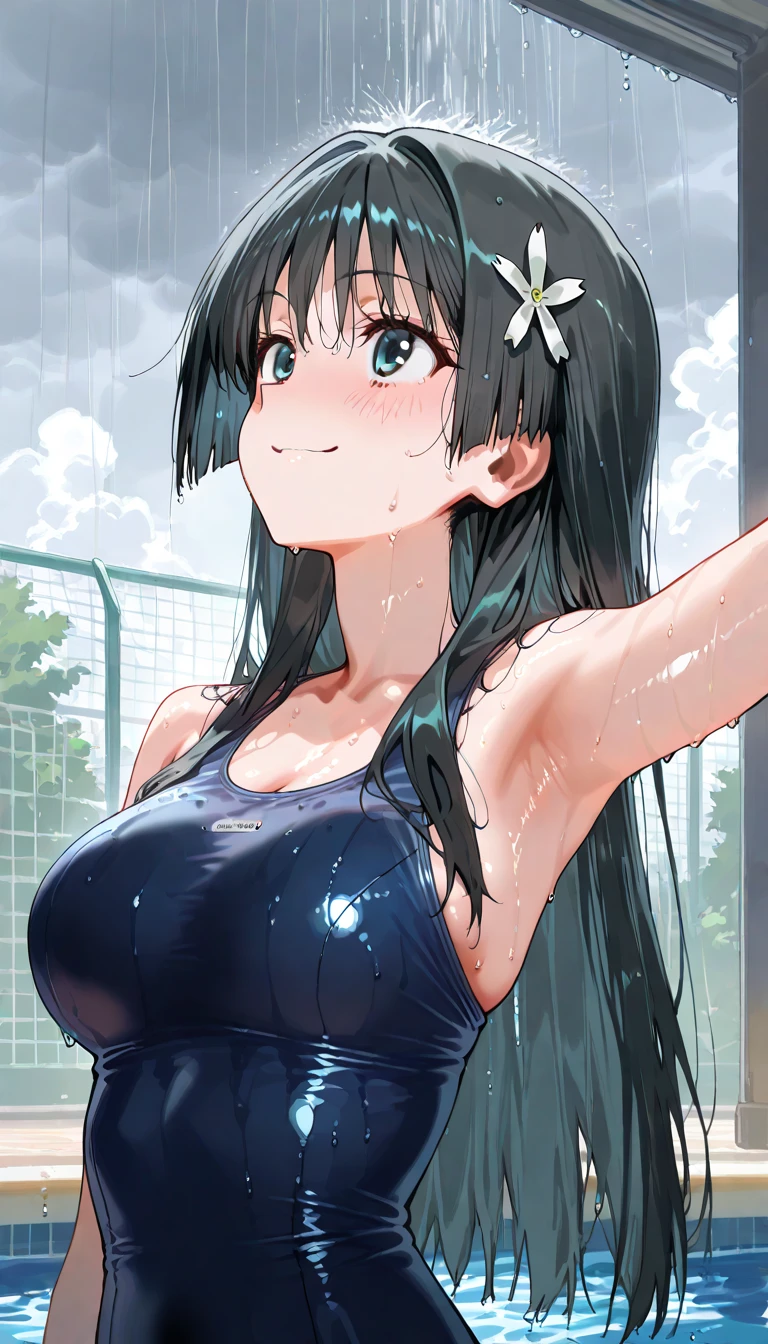 POV, NSFW:1.2, ((1 beauty:1.2)), , (1 Girl frolicking:1.4), Slightly tanned girl,Very light purple eyeshadow, ((nipples:1.2)), ((((pointy breasts:1.6)))), ((middle Breasts separated to the left and right:1.5)), (plump body), Sexy expression, (black long hair:1.2), (POV's hand lifts her T-shirt:1.4), ((lift up yellow lime green micro bikini:1.2)), (Watery Big Eyes), Beautiful constriction, (Flustered expression), embarrassed from, long eyelasher, Blush, in poolside, Wet whole body, (dishevled hair:1.2),(Zoom & Dynamic Angle shot:1.2)