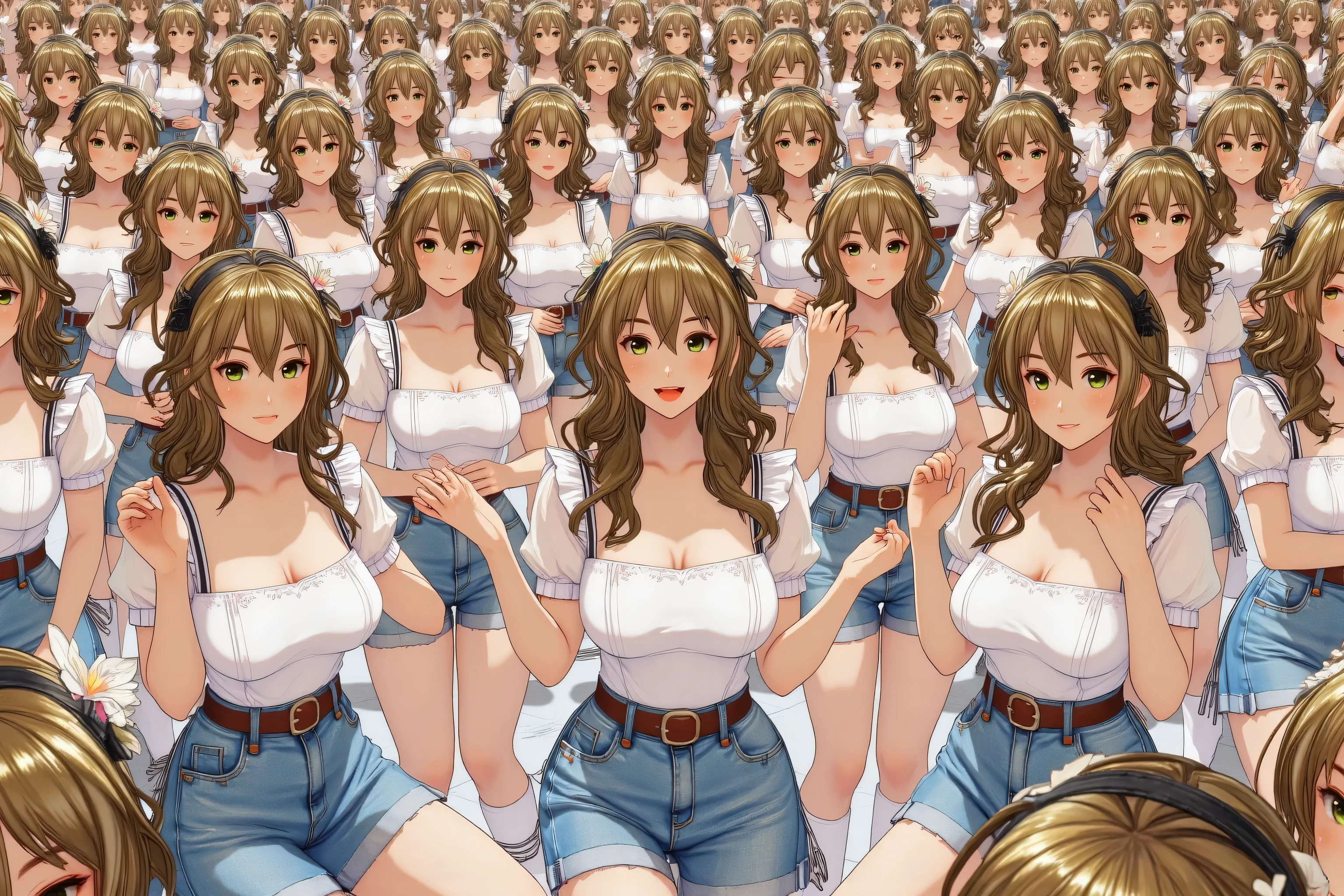 (((Myself=Japanese Beautiful Super Clones multiply girls))), (((((Myself OnlyのSuper Clones multiply girlsが大量増殖して超大群衆のMyself OnlyのSuper Clones multiply girlsと熱愛溺愛して抱擁した描写, Myself OnlyのSuper Clones multiply girlsはMyself OnlyのSuper Clones multiply girlsと淫乱中))))), (((high quality Animation Art))), (Super Best masterpiece, 16K, 最高画質, 超高解像度, 超最高の作品完成度), (((超とてもカワイイ笑顔, 嬉しい表情, ブラウンヘアー少女))), (((((とても美しく繊細で正確な女体の動き, とても正確で違和感ゼロの手や足の緻密な動き, 超巨乳, 胸の谷間強調))))), (((春服カジュアル衣装))), (とても詳細で正確な１点透視図法描写, 超広角視界, Super wide view, 多彩なアングル描写, ど真ん中被写体要らない),
