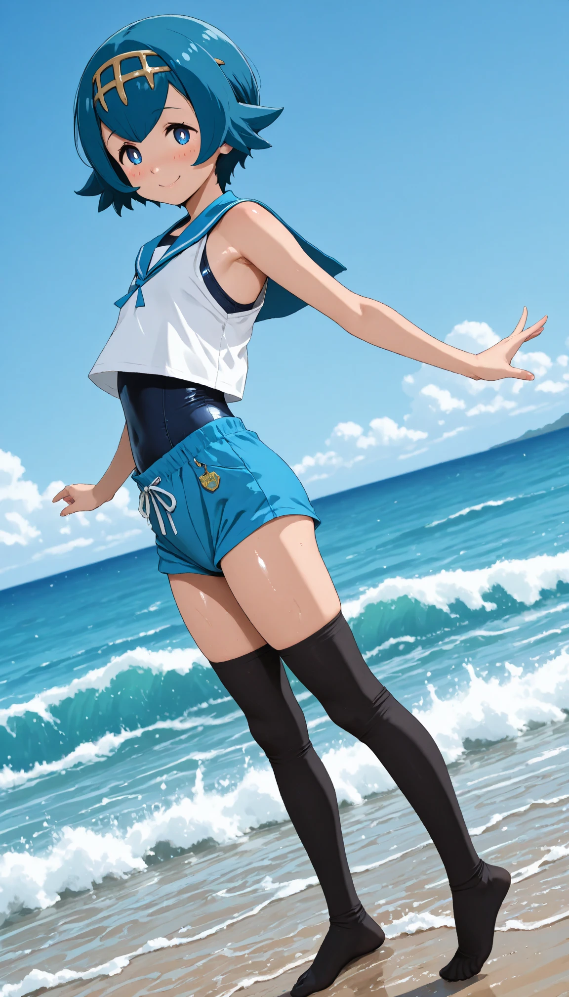 Chica de anime acostada en una cama con una botella de cerveza, Fubuki de One Punch Man, Fubuki, Fubuki con cabello verde rizado, en una playa, Fanart de alta calidad, en la playa, Tendencias en ArtStation Pixiv, Guweiz en Pixiv Artstation, Fanart exquisito altamente detallado, Artgerm extremadamente detallado, Arte Zerochan