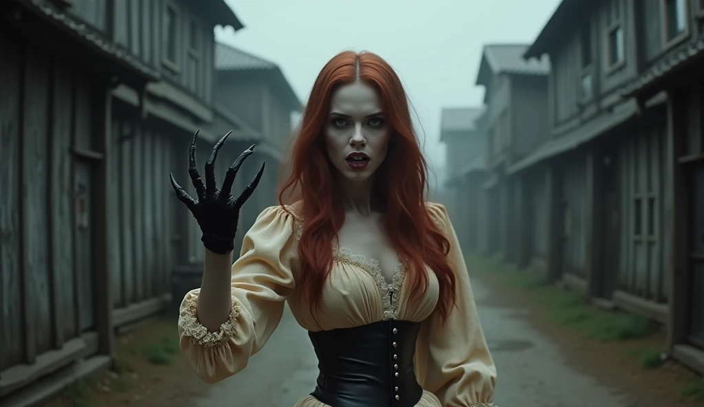 Sexy serial killer lady with medium length red hair, and pink lipgloss. Green eyes and a cruel smile. Wearing a white wedding dress . Killing people with a knife in a church. Lots of blood and carnage. Multiple bodies in the background.