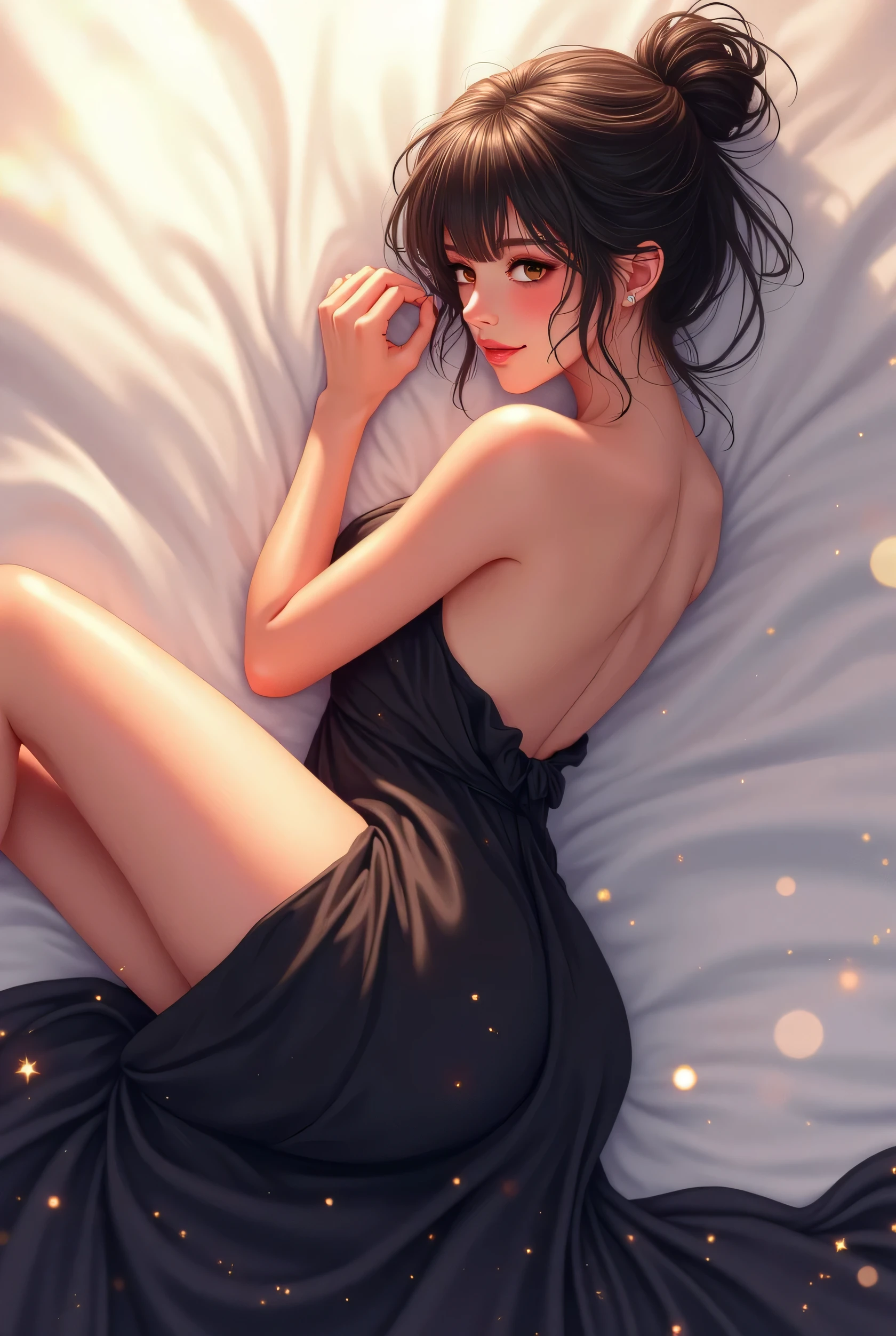 1girl, see her ass,(bright lighting,romantic setting),dreamy background,,dark hair, mesmerizing gaze, , soft skin, alluring beauty, artistic portrait, high-quality image, vibrant colors,translucent long silk gown, mosquito net, lying down, romantic bedroom, cartoon