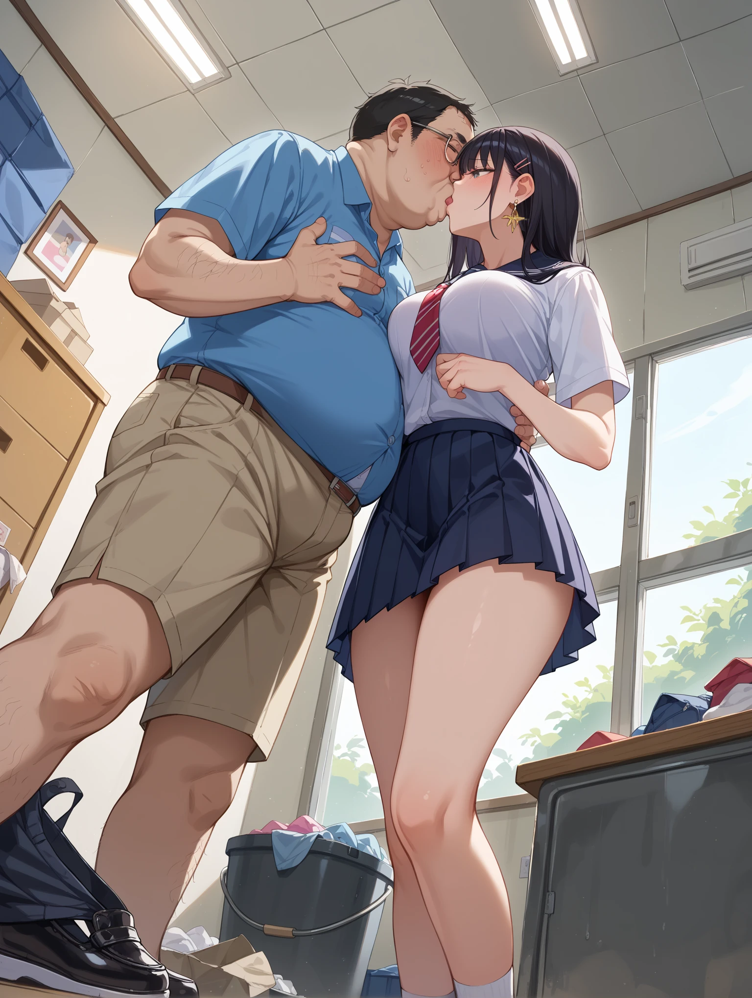 Ralph Bakshi Style, (small:5.0 blue eyed girl with long wavy black hair), flatchested, (taunting_expression):4.5, (pubic_stubble):3.0, (fucking the school counsellor):3.0, detention