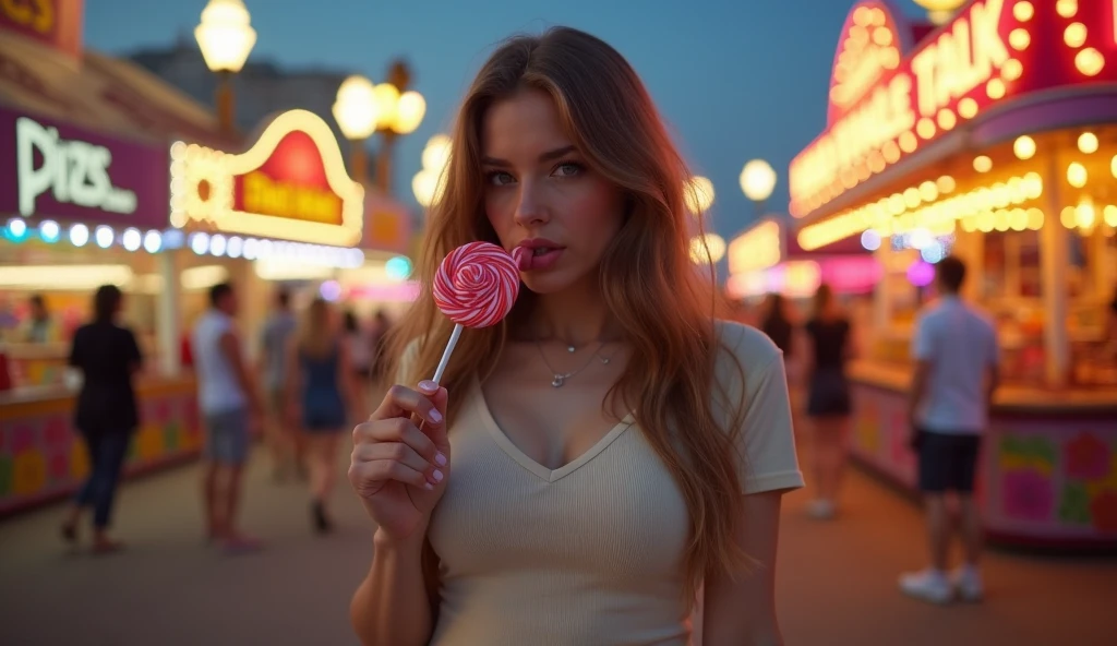 1girl, solo, female, young Lolita eating a rainbow popsicle , Thoughtful facial expression, Dark Blue eyes, Upturned Eye Shape, Rectangle face, Long caramel brown and blonde balayage hairstyle, Dusty Rose lipstick, blush, medium round breasts, ample cleavage, Velvet Slip with Lace Trim, A lively, vintage carousel with ornately painted horses and twinkling lights bokeh beautiful, detailed, best quality, high resolution, masterpiece, 8k
