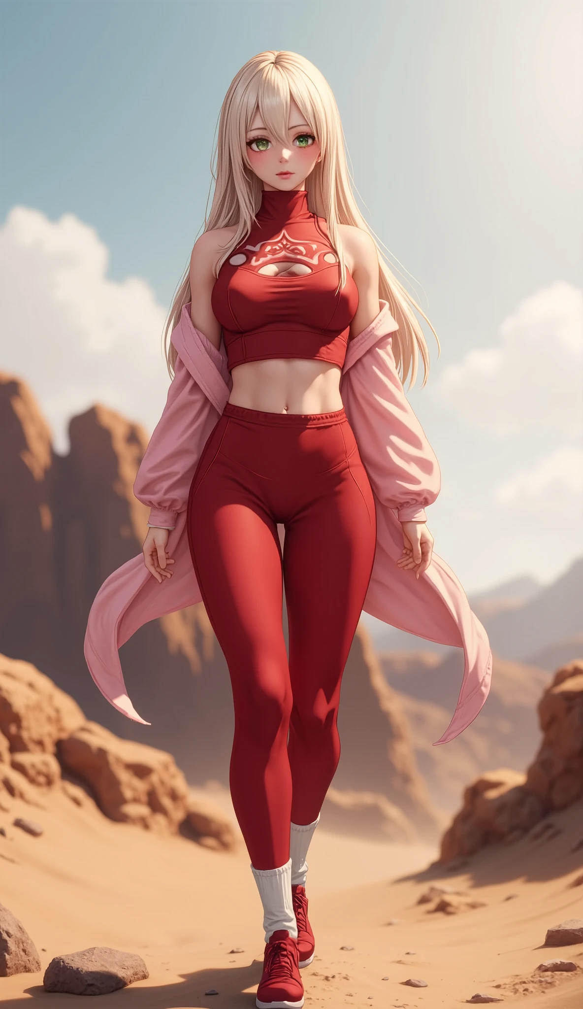 Yodo, ((yodo boruto,1 Girl,Solitary)), Warm colors, atmosphere, 4K, masterpiece, high resolution, ridiculous, Bare shoulders, Sexy long legs, on the Rocky mountain, standing running on desert, blonde long hair, lust, eyes, Shy, pure desire, Tempting, Sexy pose, red crop top, pink Hoodie, red thight trousers, small breasts, visible cleavage, Very detailed face, Light and delicate makeup, Charm and sophistication, Attractive posture, beauty, grace, lifelike, Very detailed, amazing, beauty的, Young and energetic, Charming model
