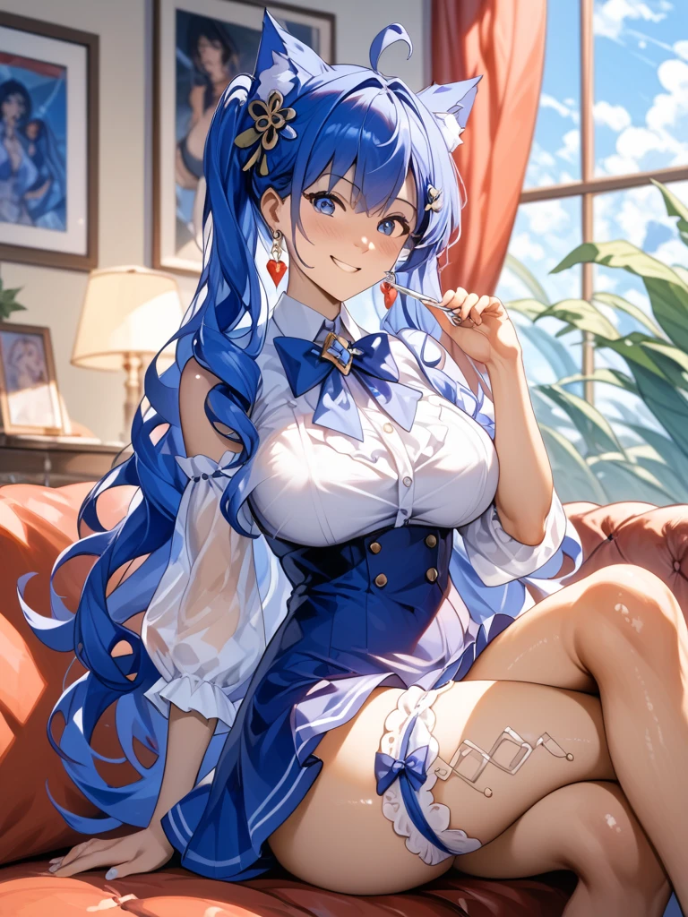 Masterpiece、Highest quality、Super detailed、1 girl、(Big Tits)、Fluffy and soft long hair、Blue Eyes、Cleavage、((Showing underboob))、smile、Too big soft breasts、Blue Hair、Belly button、School classroom