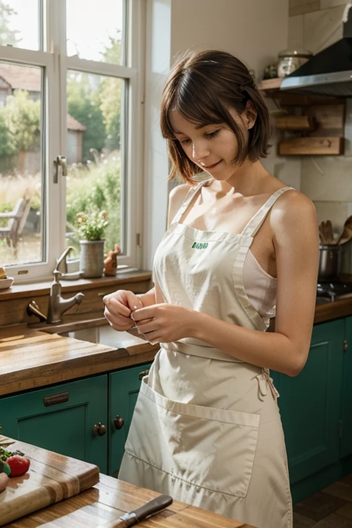 Fashion photography of 1girl, natural skin texture, fluffy short hair, wearing apron, paints on canvas, smile, realistic photo, vibrant details, finely detailed, (full body:0.6), wide angle, dutch angle
