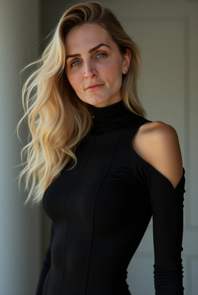 a ((full body)) of woman gulcinergul01 with brown eyes with waist, with closed formal t-shirt with closed collar, (autumn outfit), black bodycon outfit, bare shoulders, round collar, platinum white hair, very short hair with High Crown ((Braid)), <lora:GulcinErgul01-000003:1>, <lora:add_detail:1>, Foundation, Concealer, Primer, BB Cream, CC Cream, Setting Powder, Blurring Stick, Tinted Moisturizer, Color Correctors, from side, detailed skin texture, (blush:0.5), (goosebumps:0.5), subsurface scattering, Photorealistic, Hyperrealistic, Hyperdetailed, analog style, detailed skin, matte skin, soft lighting, subsurface scattering, realistic, heavy shadow, masterpiece, best quality, ultra realistic, 8k, golden ratio, Intricate, High Detail, film photography, soft focus, RAW candid cinema, 16mm, color graded portra 400 film, remarkable color, ultra realistic, textured skin, remarkable detailed pupils, realistic dull skin noise, visible skin detail, skin fuzz, dry skin, shot with cinematic camera, cyberpunk vibrant modern vivid backgroud