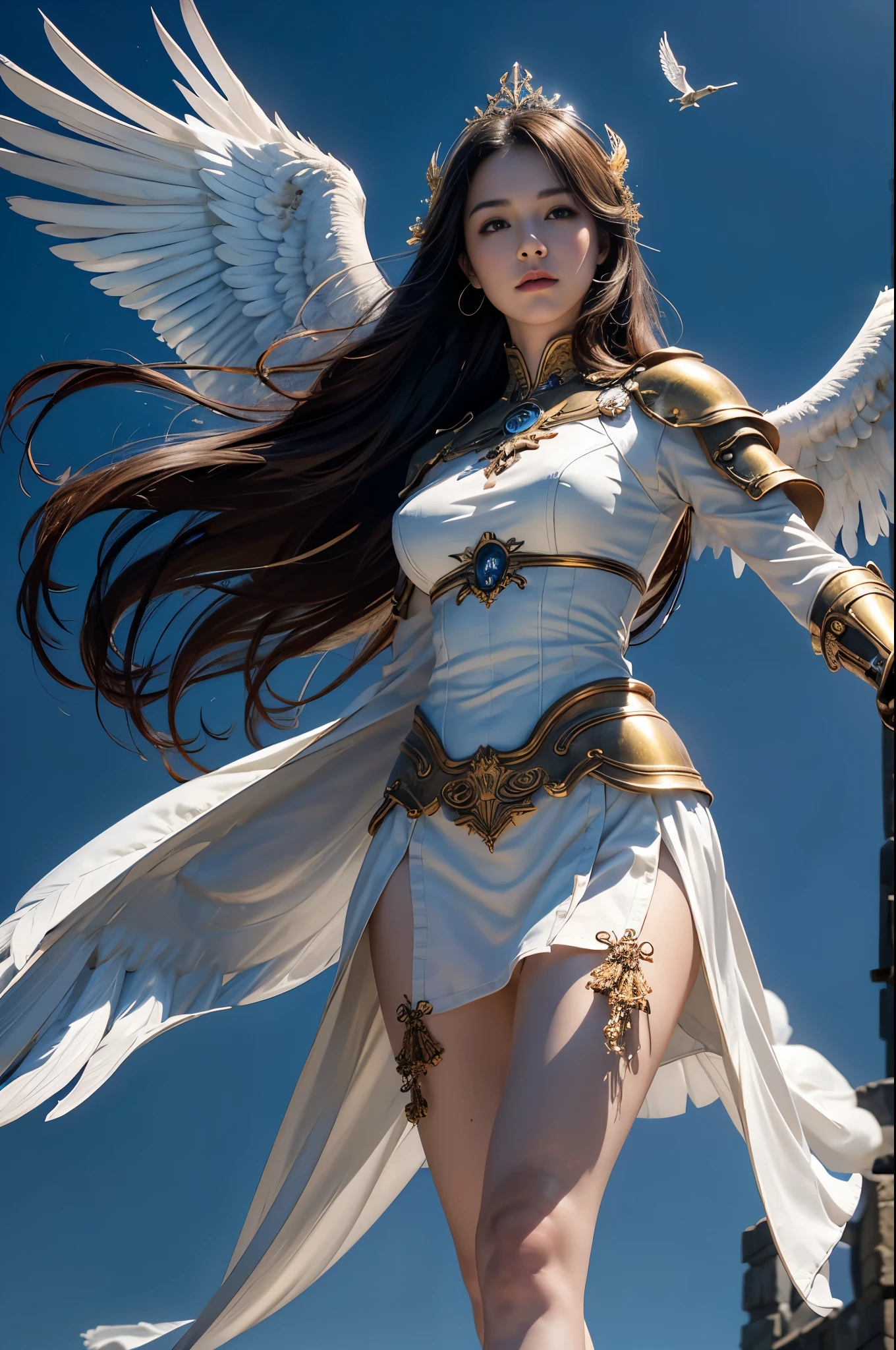 (masterpiece, highest quality, Realistic photos), ((Angel floating in the air;1.4)), A very cute Japanese woman, A complex copper and brass mechanical armor with a Hawk and eagle motif., Beautiful big angel wings, (The wings are symmetrically paired;1.5), ((Carrying an aura of bright blue flame)), White tone, A little bit of blue and red and yellow accents, Angel falling from the sky, floating in the sky, Extremely intricate details, Posing on the medieval castle walls at sunset, Long Shot, narrow body, hourglass body, medium breasts, thin waist, flat belly, Thin and beautiful thighs, beautiful legs,