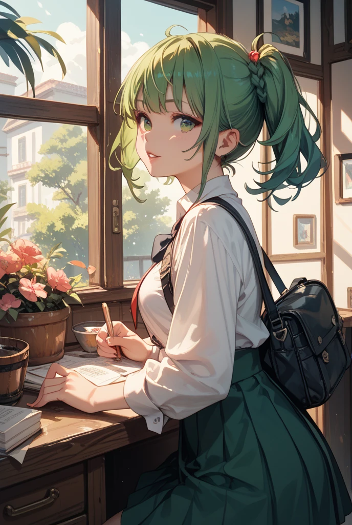 Foliage,ginko,Level,Foliage,green color,Orange colors,amarelo,illustration,high definition detail,Textured,planar,Classroom,Big breasts teacher,Class,warm,hood,iintricate,ultra - detailed,tmasterpiece,